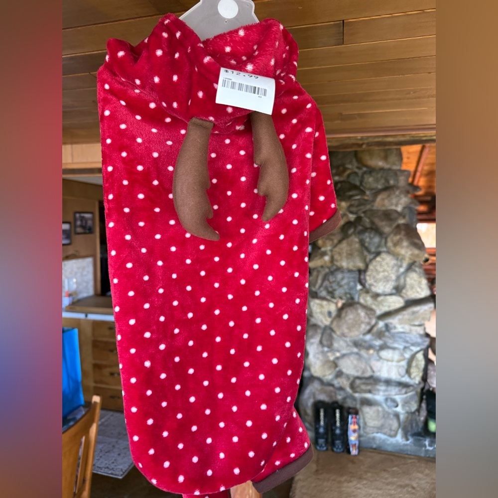 Dog Red and White Polka Dot Plush Pajamas with Brown Antlers.